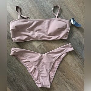 A&F Ribbed Bralette Bikini Top & High-Leg Cheeky Bottoms Mauve Color XL